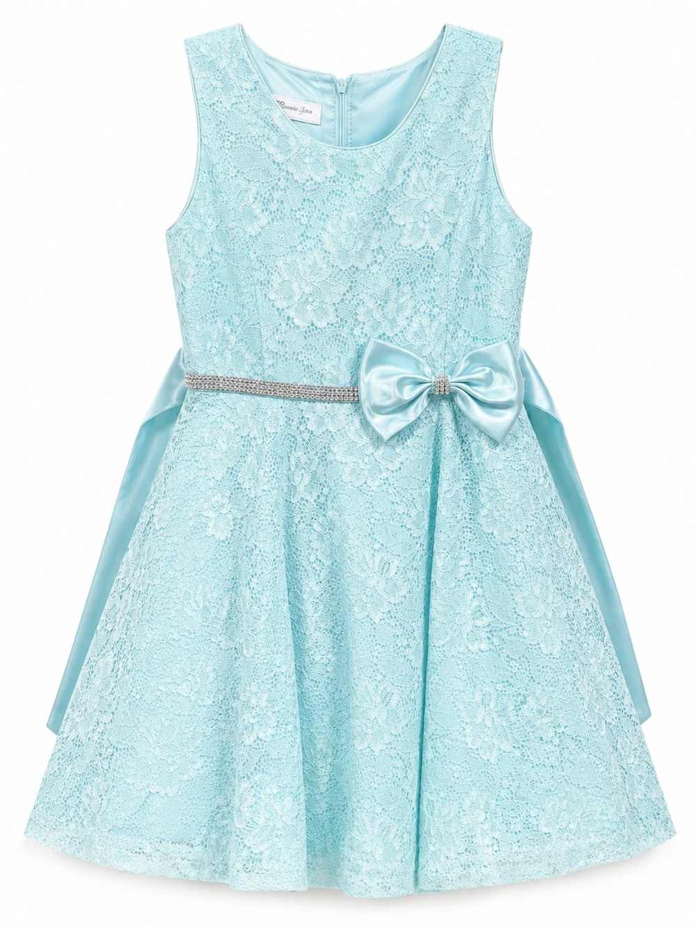 Bonnie Jean Girls Aqua Lace Party Dress SZ12 Bow Waist Full Skirt Easter Wedding